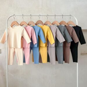 Kids Baby Boys Girls Casual Cute Solid Color Long Sleeve Round Neck Top Trousers Set