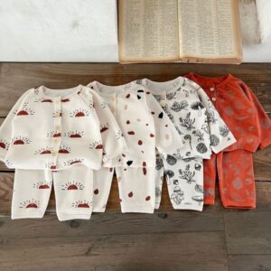 Kids Baby Boys Girls Casual Cute Floral Waffle Long Sleeve Round Neck Top Trousers Set