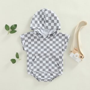 Kids Baby Boys Girls Casual Cute Plaid Print Short Sleeve Hooded Romper