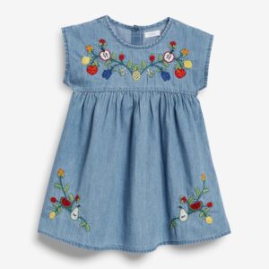 Kids Girls Cute Round Neck Short Sleeve Fruit Embroideried Denim Dress