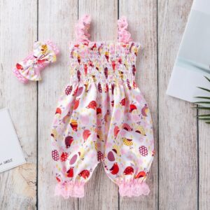 Baby Girls Cute Cartoon Rabbit Egg Bird All Over Print Elastic Lace Romper With Headband