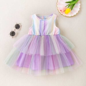 Kids Baby Girls Casual Cute Multicolor Sleeveless Round Neck Mesh Dress