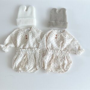 Kids Baby Girls Casual Cute Polka Dot Tiny Flower Print Long Sleeve Round Neck Top Shorts Set