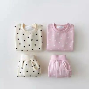 Kids Baby Girls Autumn Winter Casual Cute Heart-Shaped Print Long Sleeve Round Neck Sweatshirts Trousers Set
