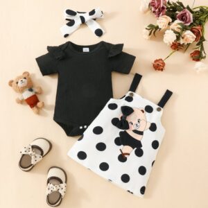 Kids Baby Girls Casual Cute Cartoon Bear Polka Dot Print Short Sleeve Round Neck Romper Dress Set