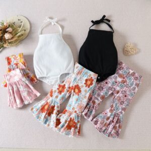 Kids Baby Girls Casual Cute Floral Print Sleeveless Halter Neck Romper Flare Trousers Set