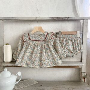 Kids Baby Girls Casual Cute Tiny Flower Print Long Sleeve Lapel Top Shorts Set