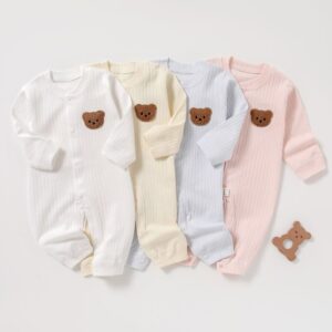 Kids Baby Boys Girls Casual Cute Stripe Cartoon Bear Print Long Sleeve Round Neck Bodysuit