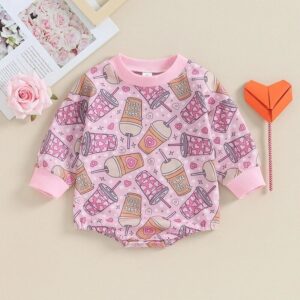 Kids Baby Girls Valentine Casual Love Print Long Sleeve Round Neck Romper