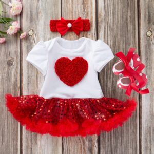 Kids Baby Girls Valentine Cute Party Tutu Heart Pattern Short Sleeve Round Neck Romper Dress