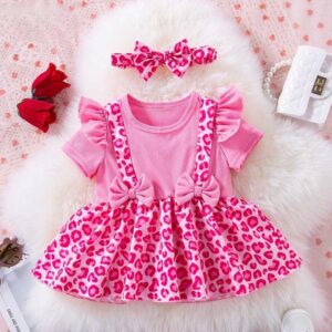 Kids Baby Girls Valentine Cute Party Tutu Pink Leopard Print Short Sleeve Round Neck Romper Dress