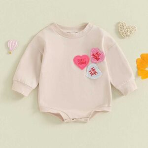 Kids Baby Girls Casual Cute Valentine Heart Pattern Long Sleeve Round Neck Romper