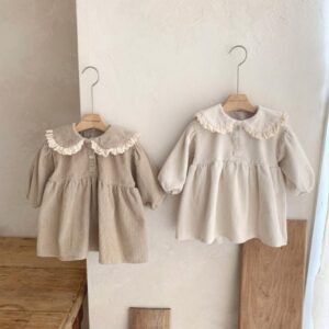 Kids Baby Girls Casual Cute Solid Color Corduroy Long Sleeve Ruffled Dress