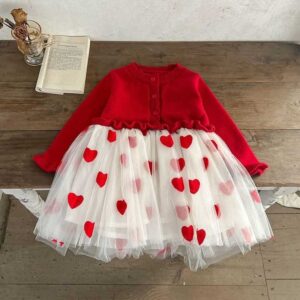 Kids Baby Girls Casual Cute Valentine Heart Print Long Sleeve Stand Collar Knitwear Sweater Mesh Dress