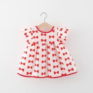 Kids Baby Girls Casual Cute Sweet Bow Print Short Sleeve Round Neck Dress