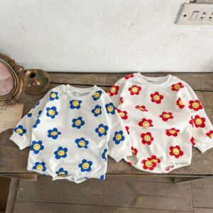 Kids Baby Girls Casual Cute Floral Smiley Print Long Sleeve Round Neck Romper