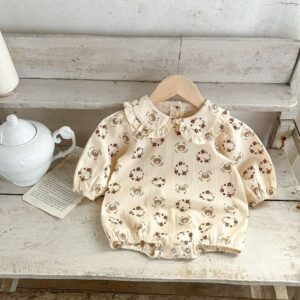 Kids Baby Girls Casual Cute Caron Bear Print Long Sleeve Peter Pan Collar Romper