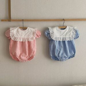 Kids Baby Girls Casual Cute Playid Short Sleeve Round Neck Romper