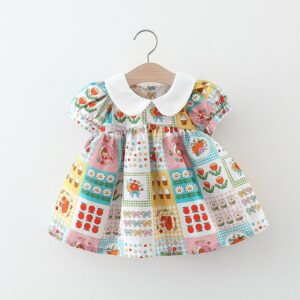Kids Baby Girls Casual Cute Cartoon Floral Short Sleeve Peter Pan Collar Dress