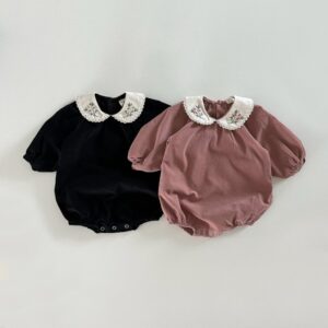 Kids Baby Girls Casual Cute Flower Embroidery Long Sleeve Peter Pan Collar Romper