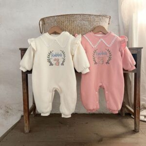 Kids Baby Girls Easter Casual Cute Cartoon Rabbit Embroidery Long Sleeve Round Neck Bodysuit