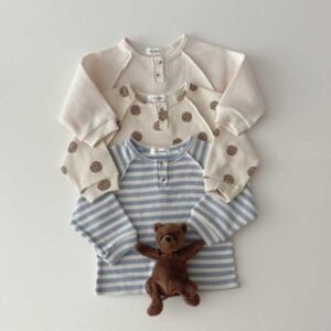 Kids Baby Boys Girls Casual Cute Stripe Polka Dot Waffle Long Sleeve Round Neck T-Shirt