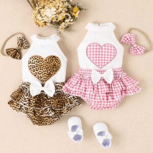 Kids Baby Girls Fashion Casual Loving Leopard Houndstooth Print Sleeveless Round Neck T-Shirt Skirt Set
