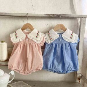 Kids Baby Girls Casual Basic Embroidery Floral Short Sleeve Lapel Romper