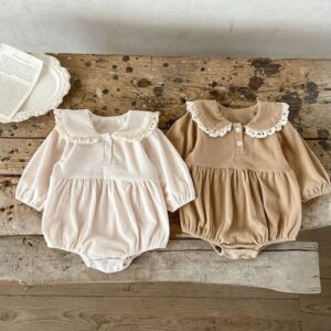 Kids Baby Girls Casual Basic Solid Color Stripe Long Sleeve Lapel Romper