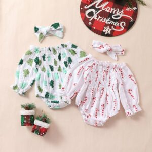 Kids Baby Girls Casual Cute Christmas Tree Candy Print Long Sleeve Round Neck Romper