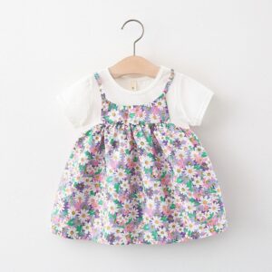 Kids Baby Girls Casual Cute Tiny Flower Print Short Sleeve Round Neck Dress