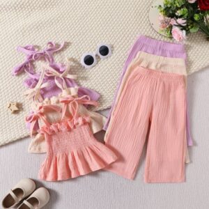 Kids Baby Girls Casual Cute Stripe Solid Color Camisole Trousers Set