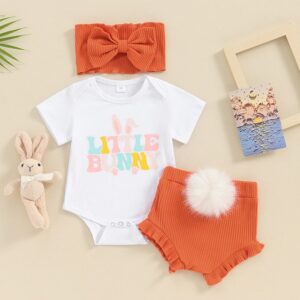 Kids Baby Girls Casual Cute Easter Cartoon Rabbit Ear Letter Print Short Sleeve Round Neck Romper Shorts Set