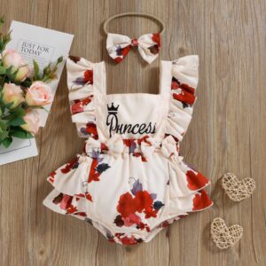 Kids Baby Girls Cute Sweet Floral Letters Print Bow Sleeveless Square Neck Romper