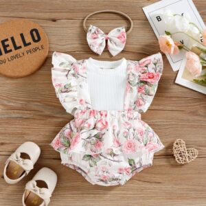 Kids Baby Girls Cute Sweet Solid Color Stripe Round Neck T-Shirt Floral Romper Set