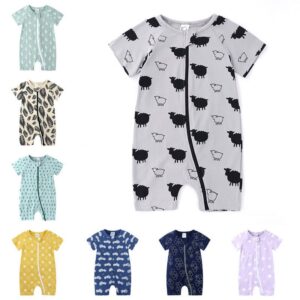 Kids Baby Boys Girls Cute Sweet Cartoon Print Zipper Short Sleeve Round Neck Bodysuit