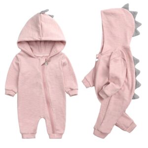 Kids Baby Boys Girls Cute Solid Color Dinosaur Shark Long Sleeve Round Neck Hooded Bodysuit