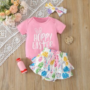 Kids Baby Girls Casual Cute Easter Day Cartoon Rabbit Print Short Sleeve Round Neck Romper Skirt Set