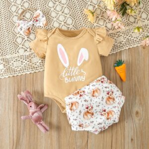 Kids Baby Girls Casual Cute Easter Day Cartoon Rabbit Print Short Sleeve Round Neck Romper Shorts Set