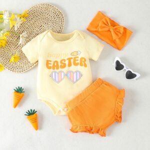 Kids Baby Girls Casual Cute Easter Day Cartoon Print Short Sleeve Round Neck Romper Shorts Set