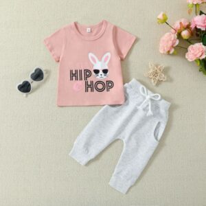 Kids Baby Girls Casual Cute Easter Day Cartoon Rabbit Print Short Sleeve Round Neck T-Shirt Trousers Set