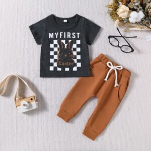 Kids Baby Boys Girls Casual Cute Easter Day Cartoon Rabbit Print Short Sleeve Round Neck T-Shirt Trousers Set
