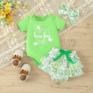 Kids Baby Girls St.Patrick's Day Casual Cute Cartoon Letters Print Short Sleeve Round Neck Romper Skirt Set