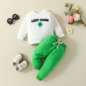 Kids Toddler Boys Girls St. Patrick's Day Casual Cute Cartoon Letters Print Long Sleeve Round Neck Sweatshirts Trousers Set