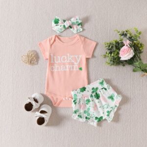 Kids Baby Girls St.Patrick's Day Casual Cute Cartoon Letters Print Short Sleeve Round Neck Romper Shorts Set