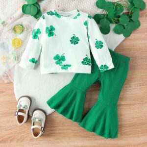 Kids Toddler Girls St.Patrick's Day Casual Cute Cartoon Print Long Sleeve Round Neck Sweatshirts Flare Trousers Set