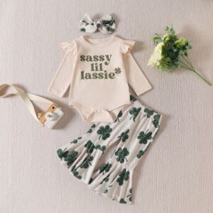 Kids Baby Girls St. Patrick's Day Casual Cute Cartoon Letters Print Long Sleeve Round Neck Romper Flare Trousers Set