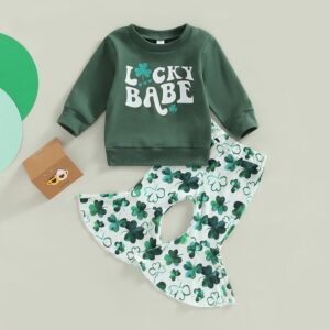 Kids Toddler Boys Girls St. Patrick's Day Casual Cute Cartoon Letters Print Long Sleeve Round Neck Sweatshirts Flare Trousers Set