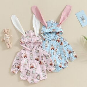 Kids Baby Girls Casual Cute Cartoon Easter Rabbit Ears Hooded Long Sleeve Round Neck Romper