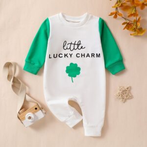 Kids Baby Boys Girls St.Patrick's Day Casual Cute Letters Four-Leaf Clover Print Long-Sleeved Round Neck Romper